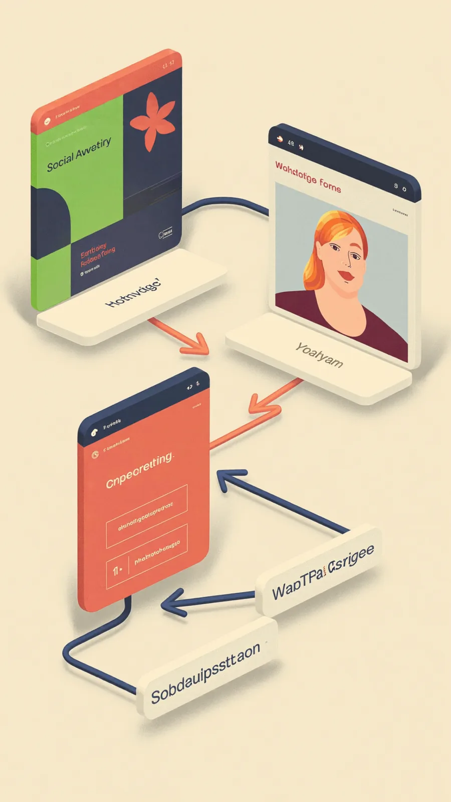 Illustrated flow connecting a website, lead form and follow-up steps.